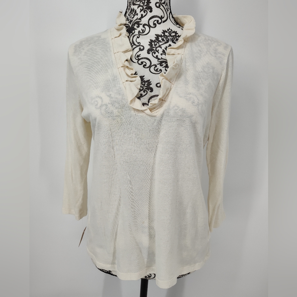 Talbots Cream Ruffle V-Neck 3/4 Sleeve Blouse Women's Medium
